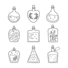 Set Of Magic Bottles. Isolated Potions Collection. Vector Illustration.