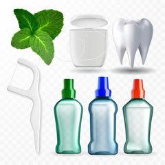 Wall Mural - Mouthwash Hygiene Liquid And Equipment Set Vector. Mouthwash Blank Bottle And Dental Floss Tool And Package, Tooth And Mint Leaves. Mouth Protection Product Template Realistic 3d Illustrations