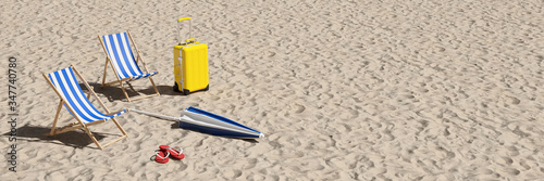 Fotomural Two deck chairs and suitcases on the beach as a vacation concept