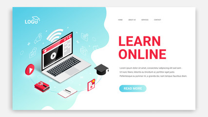 Learn Online, Distance Education isometric landing page web design template. 3d laptop, symbol of video lesson, research of material, practice, exam. Training course, online school vector illustration