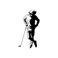 Mascot icon illustration of a cowboy golfer wearing a hat leaning on golf club viewed from front on isolated background in retro style.