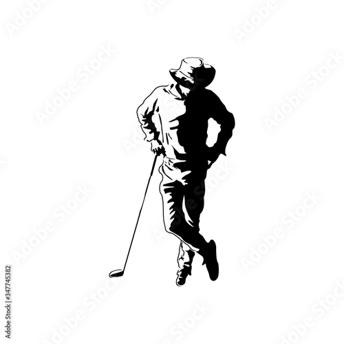 Fototapeta na szkło Maskotki ikony ilustracja kowbojski golfista jest ubranym kapelusz opiera na kiju golfowym przeglądać od przodu na odosobnionym tle w retro stylu.