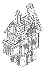 Wall Mural - An old fashioned town house cottage fantasy isometric vintage woodcut style Tudor building map icon or illustration.