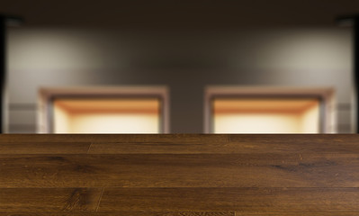 Wall Mural - blurred interior on a wooden table background.empty storefront. view from the evening street.. 3d re