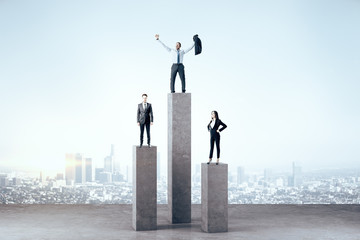 Canvas Print - Happy businesspeople standing on concrete column.