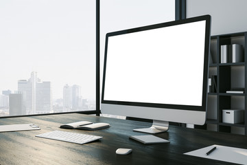 Poster - Creative designer workplace with empty white computer screen