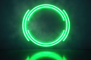 Poster - Concrete interior with green round neon decor elements.