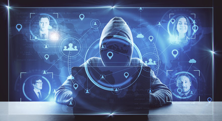 Aufkleber - Hacker using laptop with abstract social media network
