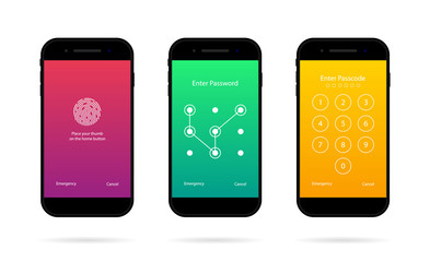 Poster - Phone screen with lock. Mobile password, passcode. Ui in smartphone for security. Unlock code in cellphone. Lockscreen for user with account key. Smart display with fingerprint, swipe, login. Vector