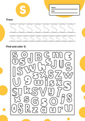 Wall Mural - Trace letter worksheet a4 for kids preschool and school age. Game for children. Find and color.