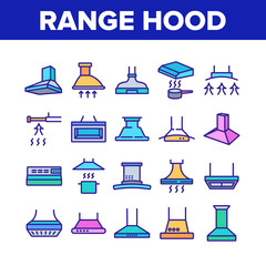 Wall Mural - Range Hood Device Collection Icons Set Vector. Cooker Range Hood Kitchen Equipment In Different Style, Ventilation Exhaust Hood Tool Concept Linear Pictograms. Color Illustrations