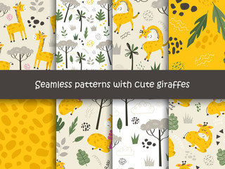 Wall Mural - Set of seamless patterns with Giraffes and plants.
