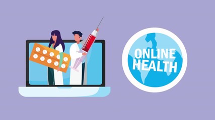 Sticker - online health technology with laptop and doctors