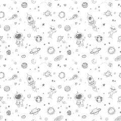 Wall Mural - doodle space pattern, print design with hand drawn astronaut, rocket, planets and stars