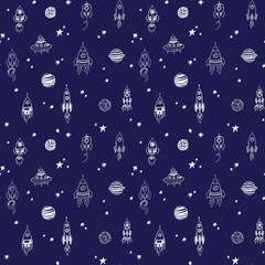 Wall Mural - space pattern. doodle rockets, planets, stars. kids print design.