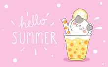 Draw Banner Cute Cat In Smoothie And Juice On Pink For Summer.