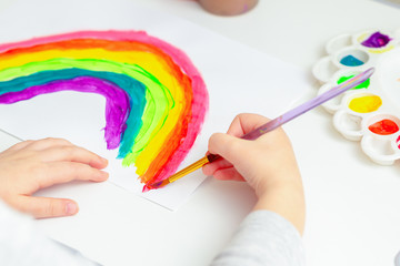 Wall Mural - Close up of hand of kid with painted rainbow on white paper during the Covid-19 quarantine at home. Children's creativity.