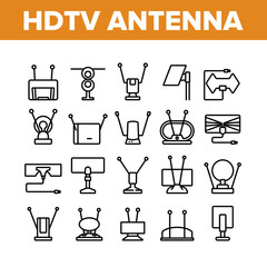 Wall Mural - Hdtv Antenna Device Collection Icons Set Vector. Hdtv Antenna Gadget For Tv Broadcasting Signal, Media Equipment, Frequency Appliance Concept Linear Pictograms. Monochrome Contour Illustrations