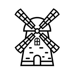 Windmill linear icon. Black and white vector illustration of a mill.