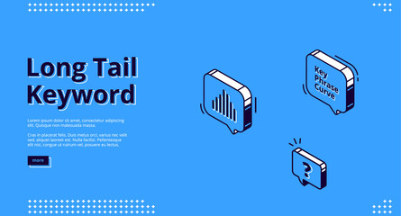 Poster - long tail keyword banner with isometric icons on blue background. vector landing page of seo optimiz
