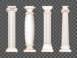 Ancient roman columns, marble architecture decor. Vector realistic antique greek white pillars with capitals in doric, corinthian, ionic and tuscan style isolated on transparent background