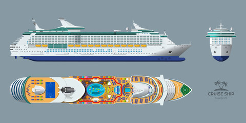 Wall Mural - Isolated blueprint of cruise ship. Side, top and front views. Realistic 3d liner. Detailed drawing of modern marine vessel. Sea travel transpotation