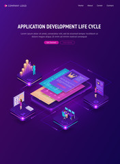 Application development life cycle banner. Process stages of project management. Vector infographic of software development lifecycle with isometric illustration of smartphone and working people