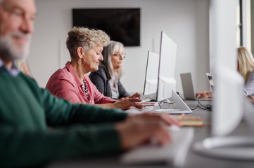group of senior people attending computer and technology education class.