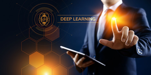 deep machine learning artificial intelligence technology concept. businessman pointing on screen.