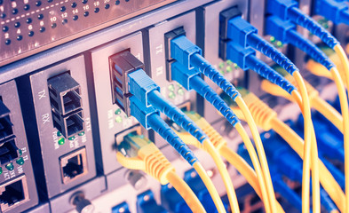 Canvas Print - Fiber Optic cables connected to optic ports and UTP and Network cables connected to ethernet ports