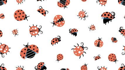 Sticker - Cartoon ladybugs. Insect pattern, forest wildlife. Beetles background, children texture vector seamless texture. Ladybug pattern, ladybird insect illustration