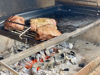 grilled meat on the grill. barbecue on the fire. grilled meat on the grill. meat steaks fried on a black grid and charcoal.