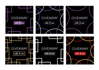 Wall Mural - Social media giveaway banners with gradient lines on the black background. Collection of elegant dark square vector templates. Enter to win a prize