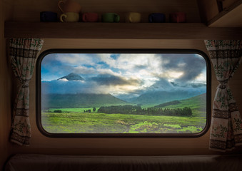 Wall Mural - Dawn at Glencoe in Scotland, view from camper window