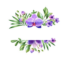 Watercolor Floral Banner. Horizontal Frame With Place For Text. Big Purple Orchid Flower And Palm Leaves. Hand Painted Tropical Background For Logo And Cards. Botanical Illustrations Isolated On White