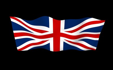 Waving flag of the Great Britain on dark background. British flag. United Kingdom of Great Britain and Northern Ireland. State symbol of the UK. 3D illustration