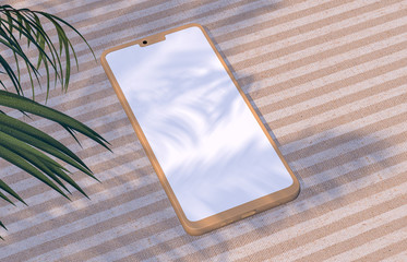 Leinwandbilder - Natural summer backdrop with smart phone mock up on linen fabric background and tropical palm leaves. Online shopping concept.