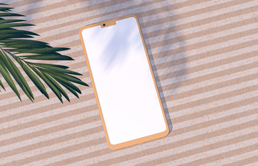 Poster - natural summer backdrop with smart phone mock up on linen fabric background and tropical palm leaves
