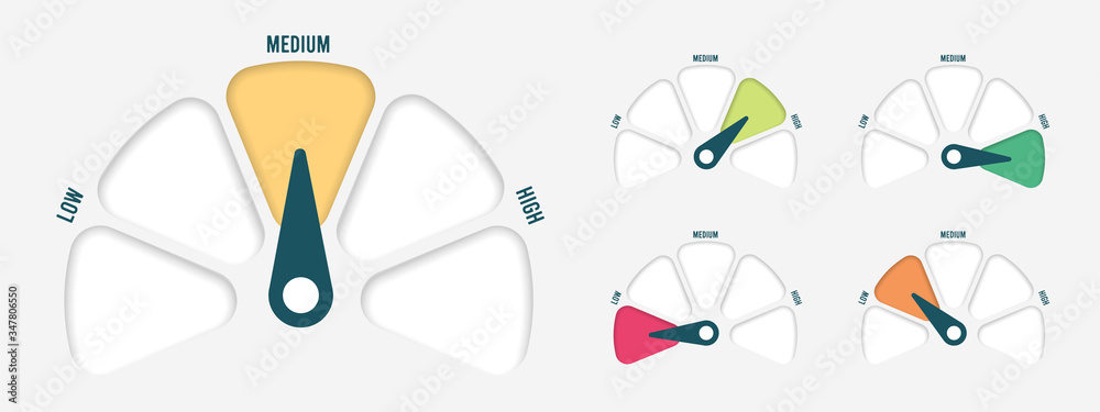 Radial scale from red to green with arrow hand pointer. Vector illustration. - obrazy, fototapety, plakaty 