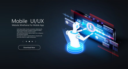 Poster - Chatbot isometric. Virtual assistant voice recognition service technology. Customer service infographic. Website assistance. Teacherbot. Future marketing.  AI artificial intelligence robot support.