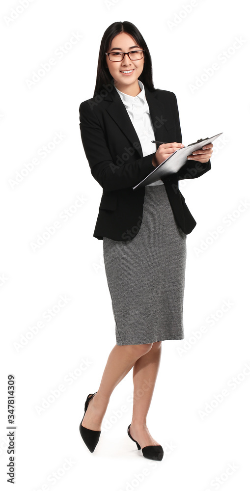 Beautiful Asian secretary on white background
