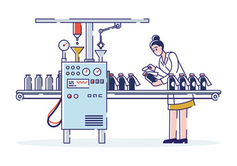 Concept Of Pharmaceutics And Medicine Production. Woman Operator Controls And Manages Process Of Medicine Production Filling On Conveyor Belt. Cartoon Linear Outline Flat Style. Vector Illustration