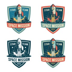 Wall Mural - rocket launch to the space - astronaut retro shield. spaceship start - vintage badge. vector illustr