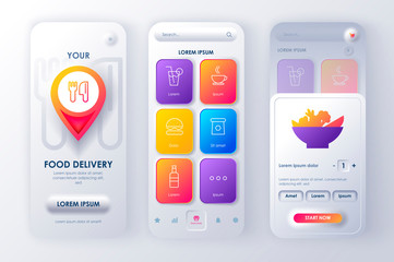 Delivery food unique neomorphic design kit for mobile app neomorphism style. Online fast food order screens. Express delivery service UI, UX template set. GUI for responsive mobile application.