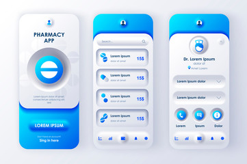 Poster - Online pharmacy unique neomorphic design kit for mobile app neomorphism style. Internet drugstore screens with medicaments. Pharmacy store UI, UX template set. GUI for responsive mobile application.