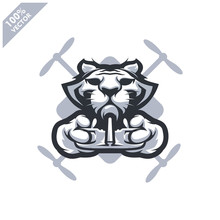 Tiger Holding Drone Controller. Mascot Logo For Drone Racing Team, Drone Club Or Store. Design Element For Company Logo, Label, Apparel Or Other Merchandise. Scalable And Editable Vector Illustration.