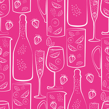 Sparkling Wine Vector Seamless Pattern Background. Hand Drawn Bottles, Glasses And Strawberries Rose Pink White Backdrop. Elegant Monochrome Illustration All Over Print For Party Celebration Concept.