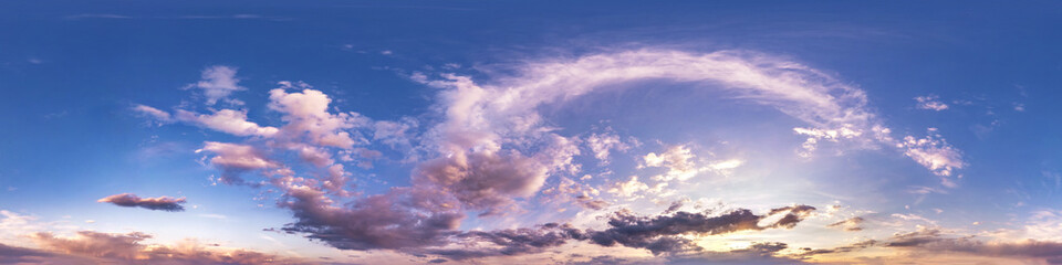 seamless hdri panorama 360 degrees angle view blue pink evening sky with beautiful clouds before sun