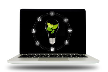 Computer laptop and plant growing inside light bulb with icon on white background. Saving energy, green energy and ecology concept.