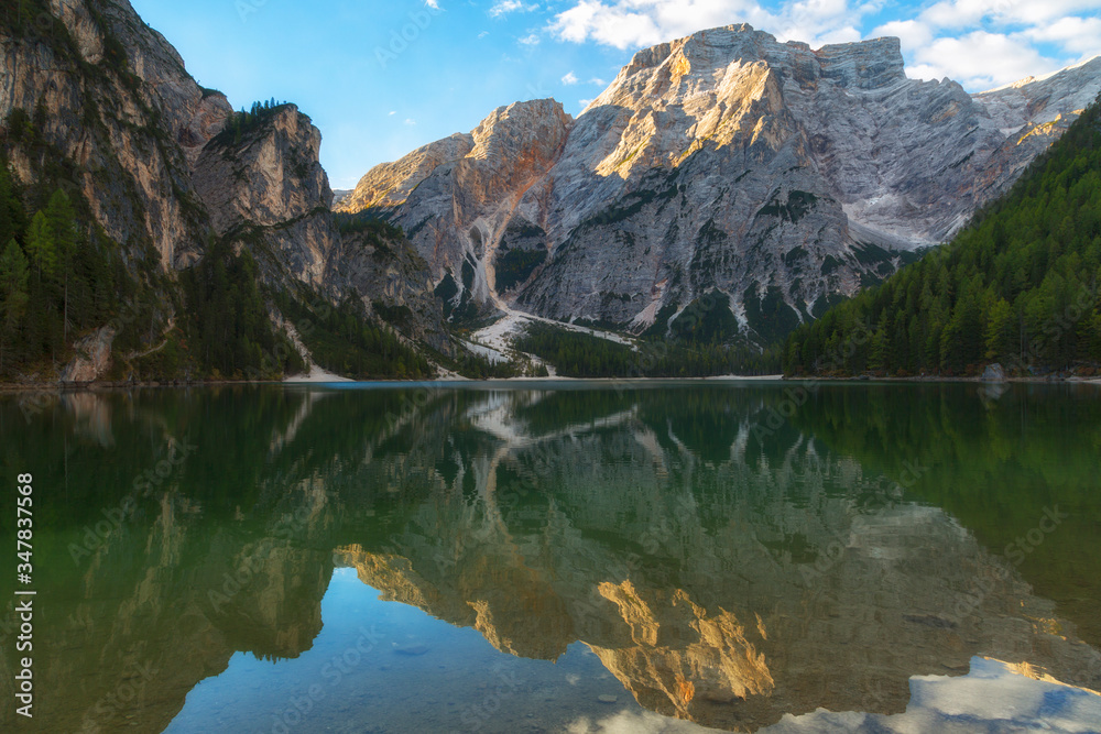 Braies Lake ( Pragser Wildsee ) in Dolomites Alps, Sudtirol, Italy - obrazy, fototapety, plakaty 